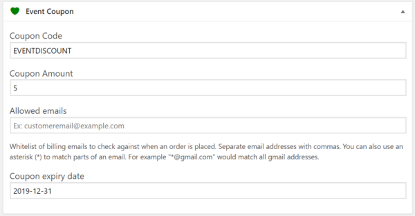 Woocommerce event manager coupon code addon