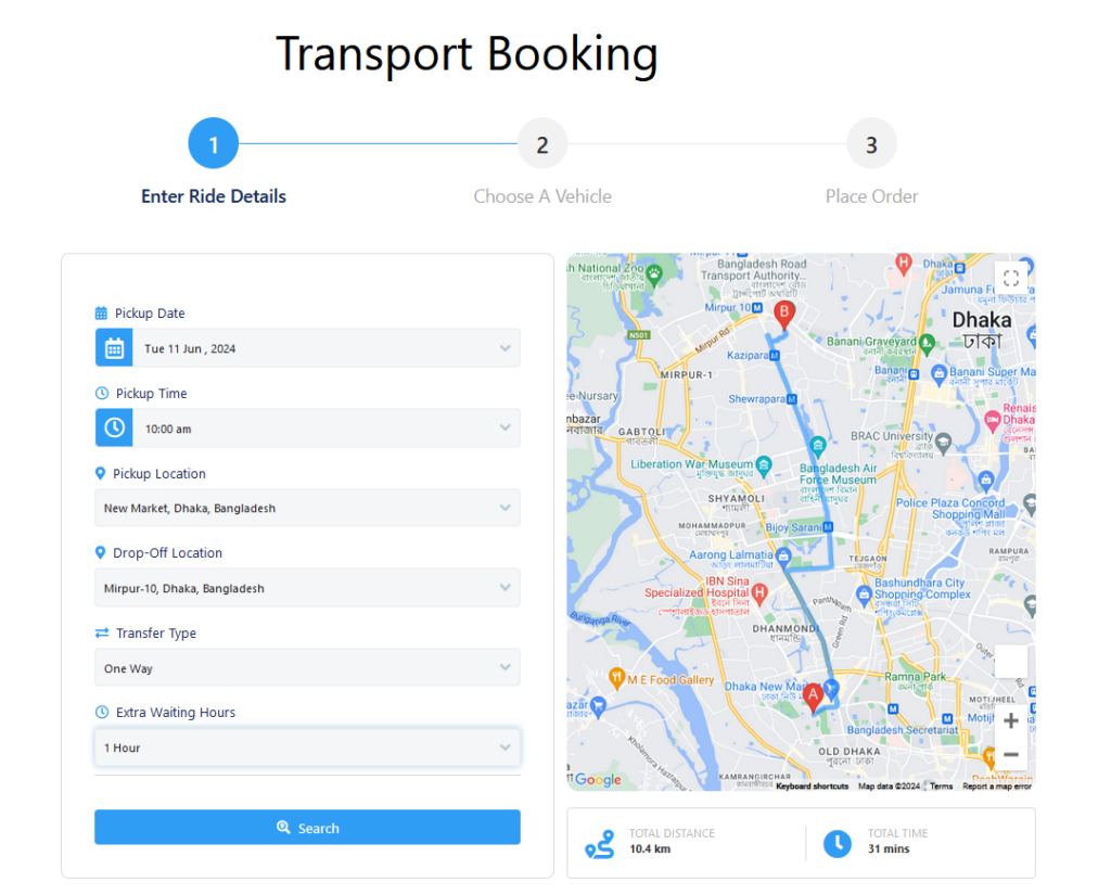 eCab google maps booking based on distance