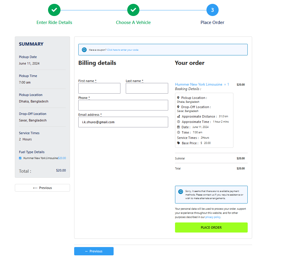 entering information on Hourly booking