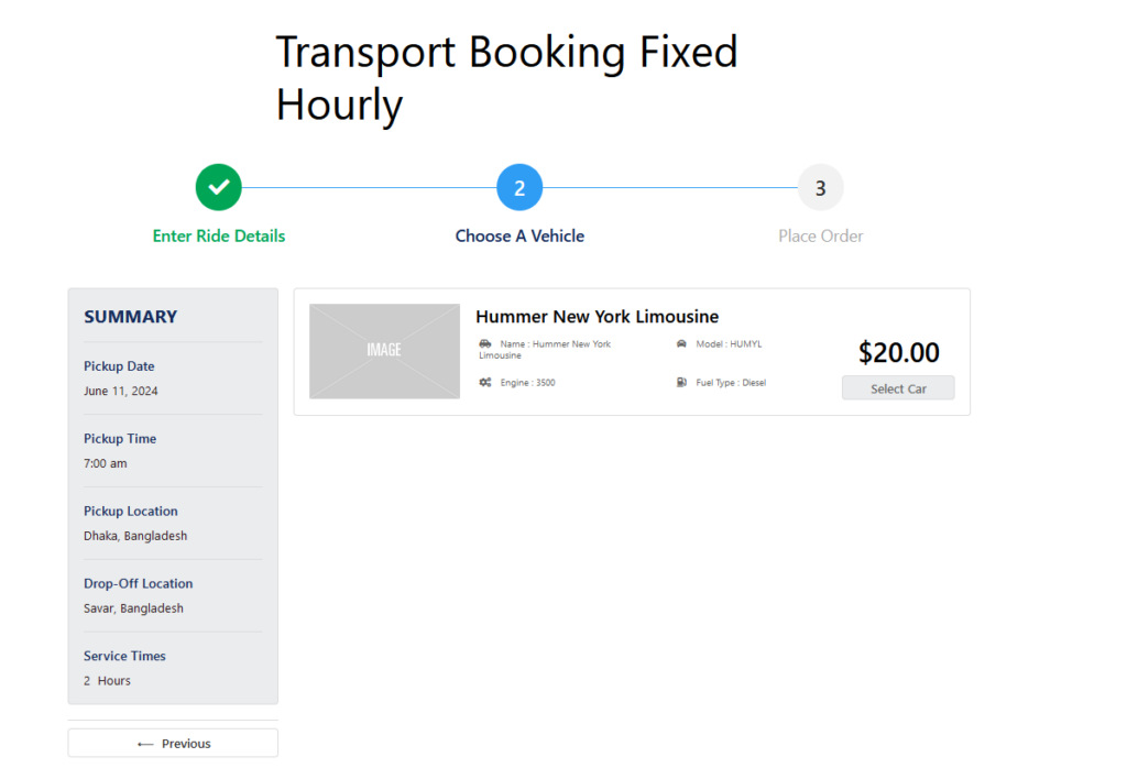 Select vehicle on hourly booking