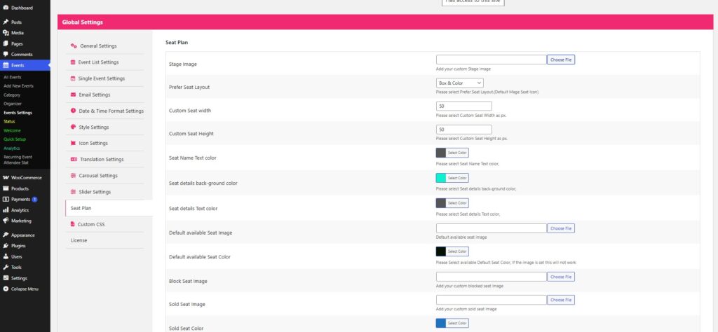 global seat plan settings