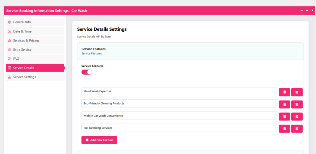 service details settings
