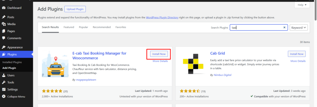 A Guide to Building a Taxi Cab Booking System In WordPress 2 search taxi and install