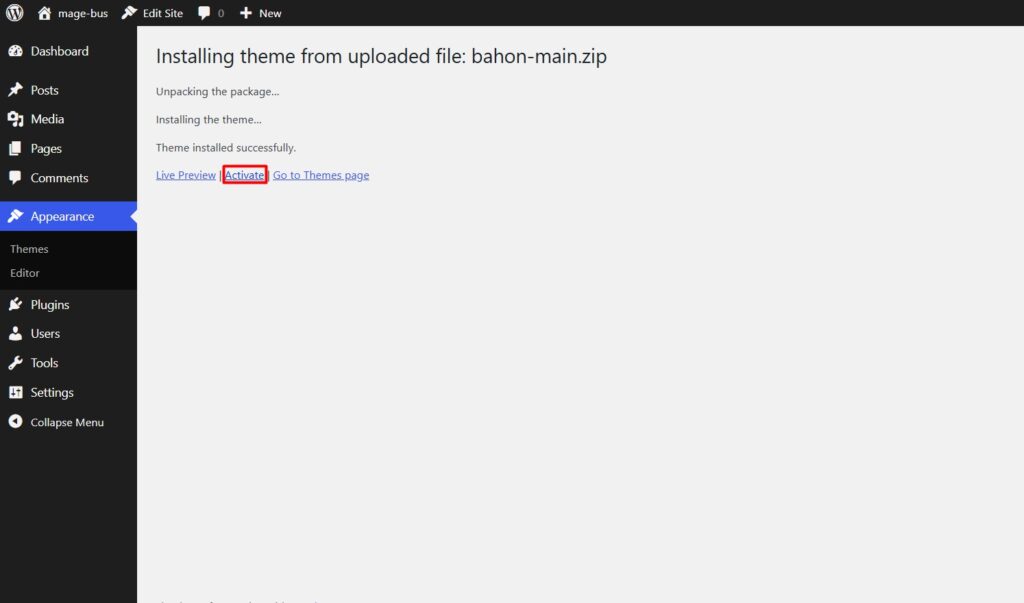 How to Install Bahon Theme: Complete WordPress Bus Theme for Transport Website 7 activate bahon theme