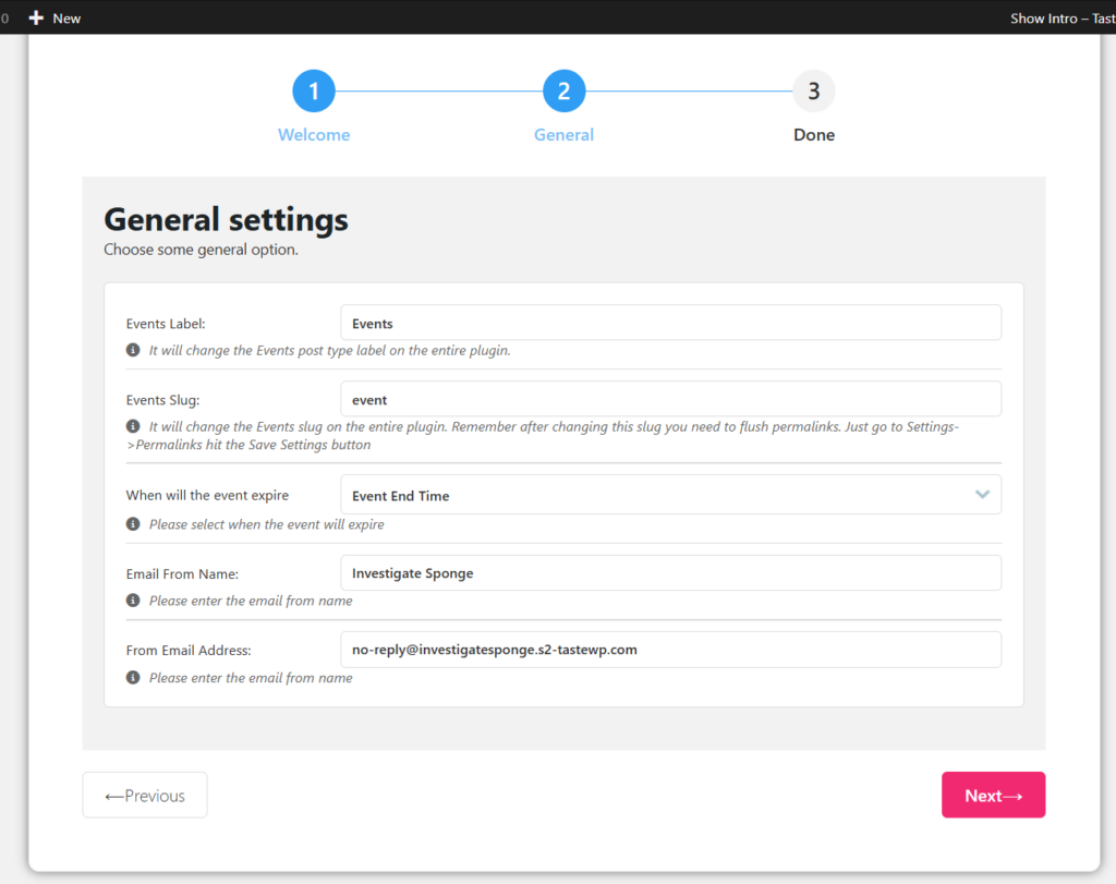 Setup wizard general settings