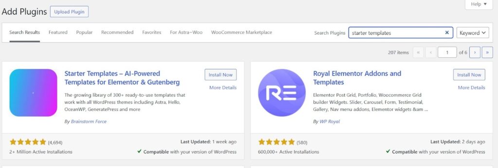 search starter template plugin