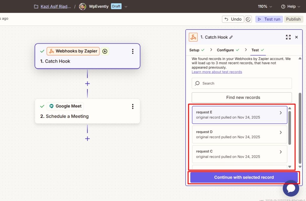 select webhook for record