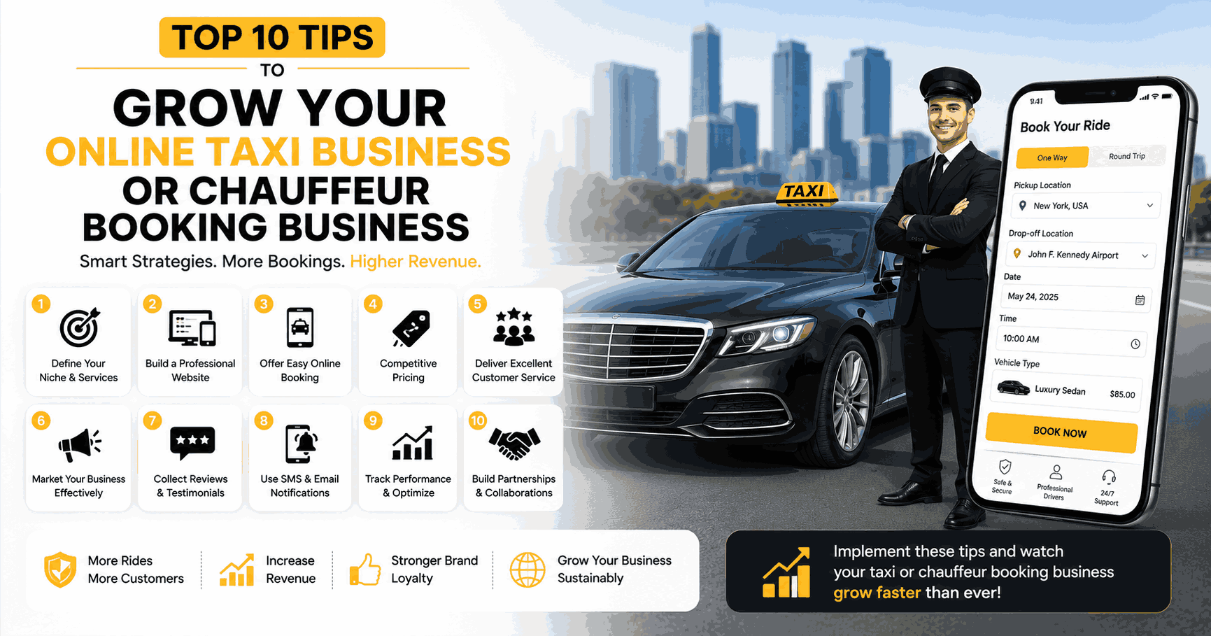 Top 10 Tips to Grow Your Online Taxi Business or Chauffeur Booking Business