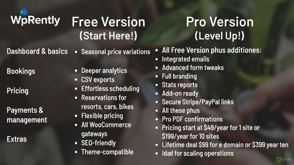 WpRently free vs pro