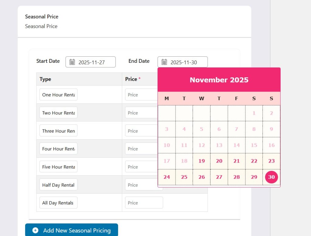 end date seasonal price