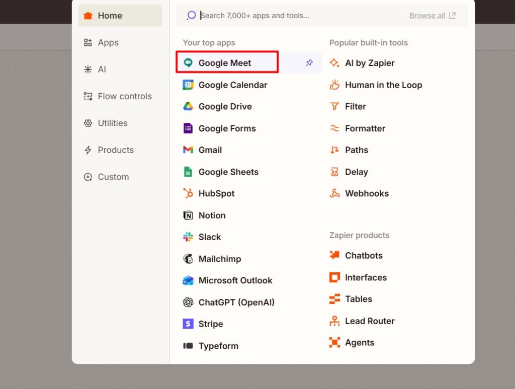 select google meet as apps