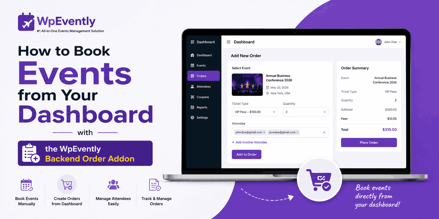 How to Book Events from Your Dashboard with the WpEvently Backend Order Addon
