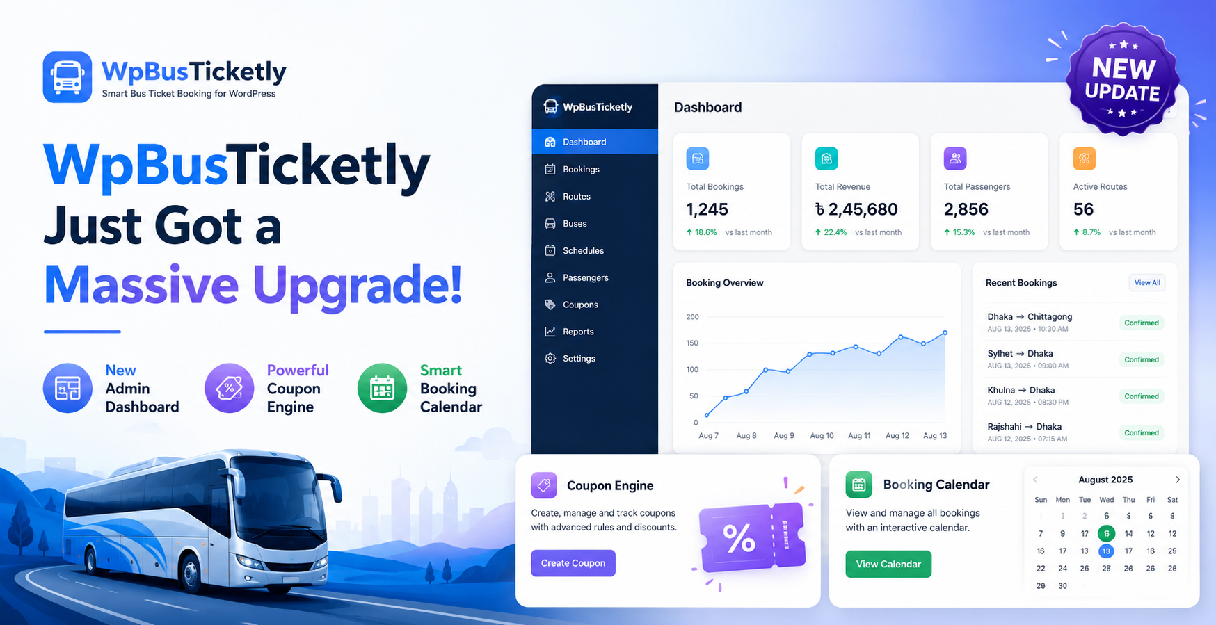 WpBusTicketly Just Got a Massive Upgrade: New Admin Dashboard, Coupon Engine, and Booking Calendar