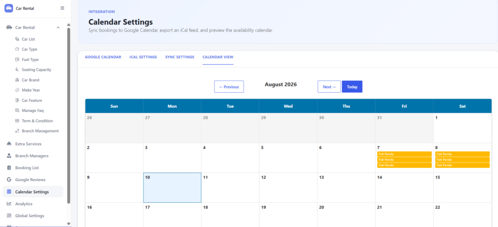 What's New in WpCarRently: Multi-Branch, Analytics & Google Reviews 4 car rental calendar