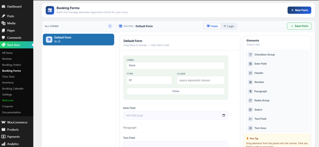 booking form wprently