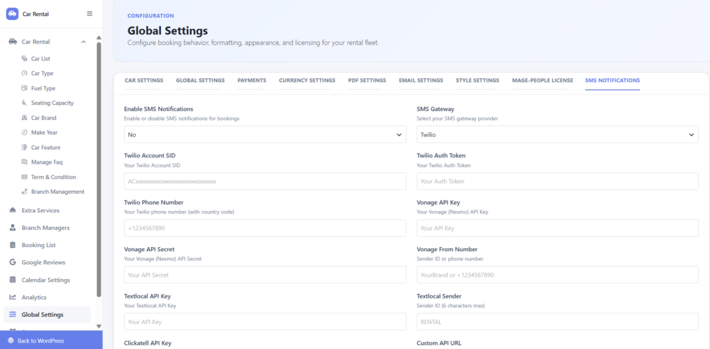 What's New in WpCarRently: Multi-Branch, Analytics & Google Reviews 5 sms notification