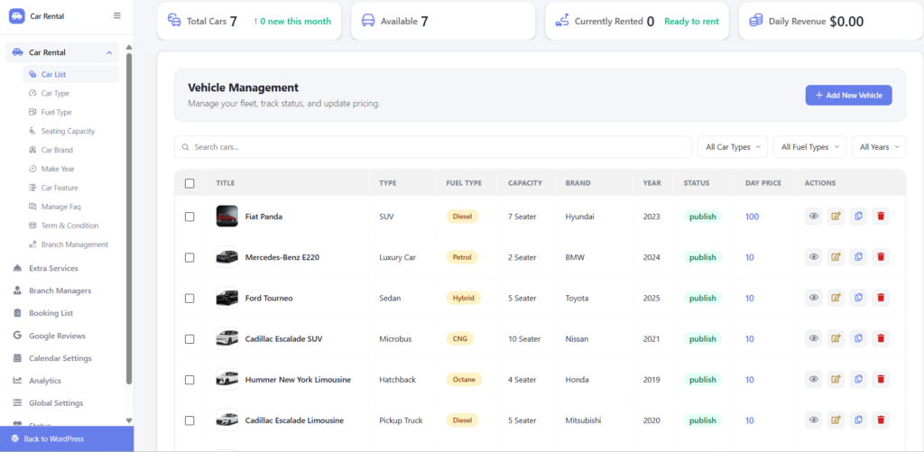 What's New in WpCarRently: Multi-Branch, Analytics & Google Reviews 8 car rental dashboard